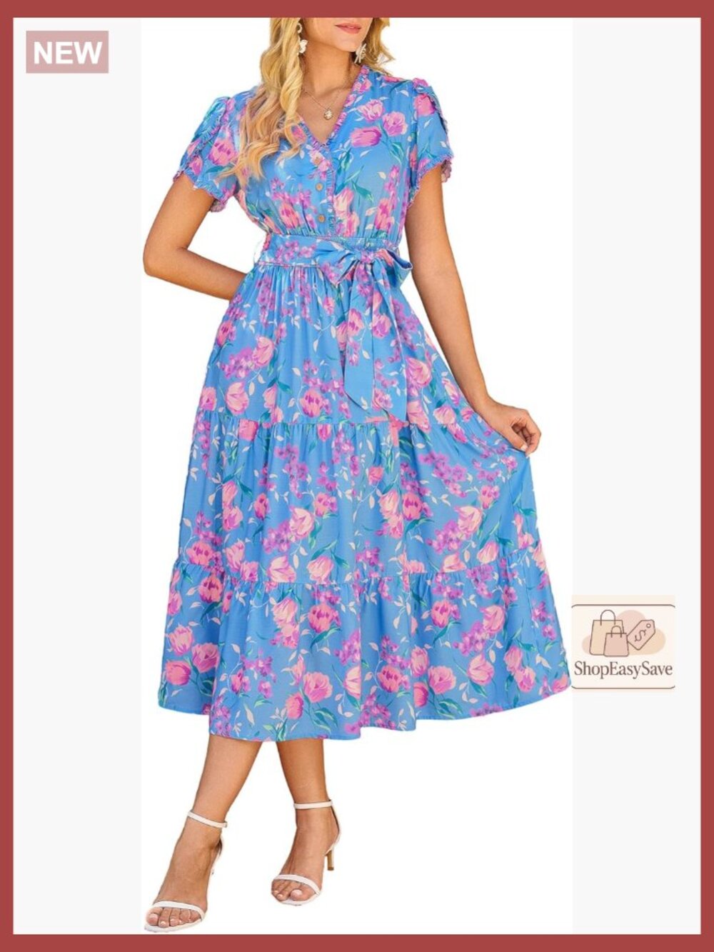 Boho Midi Dress Floral Ruffle Sleeves V Neck Belted Flowy Summer Chic
